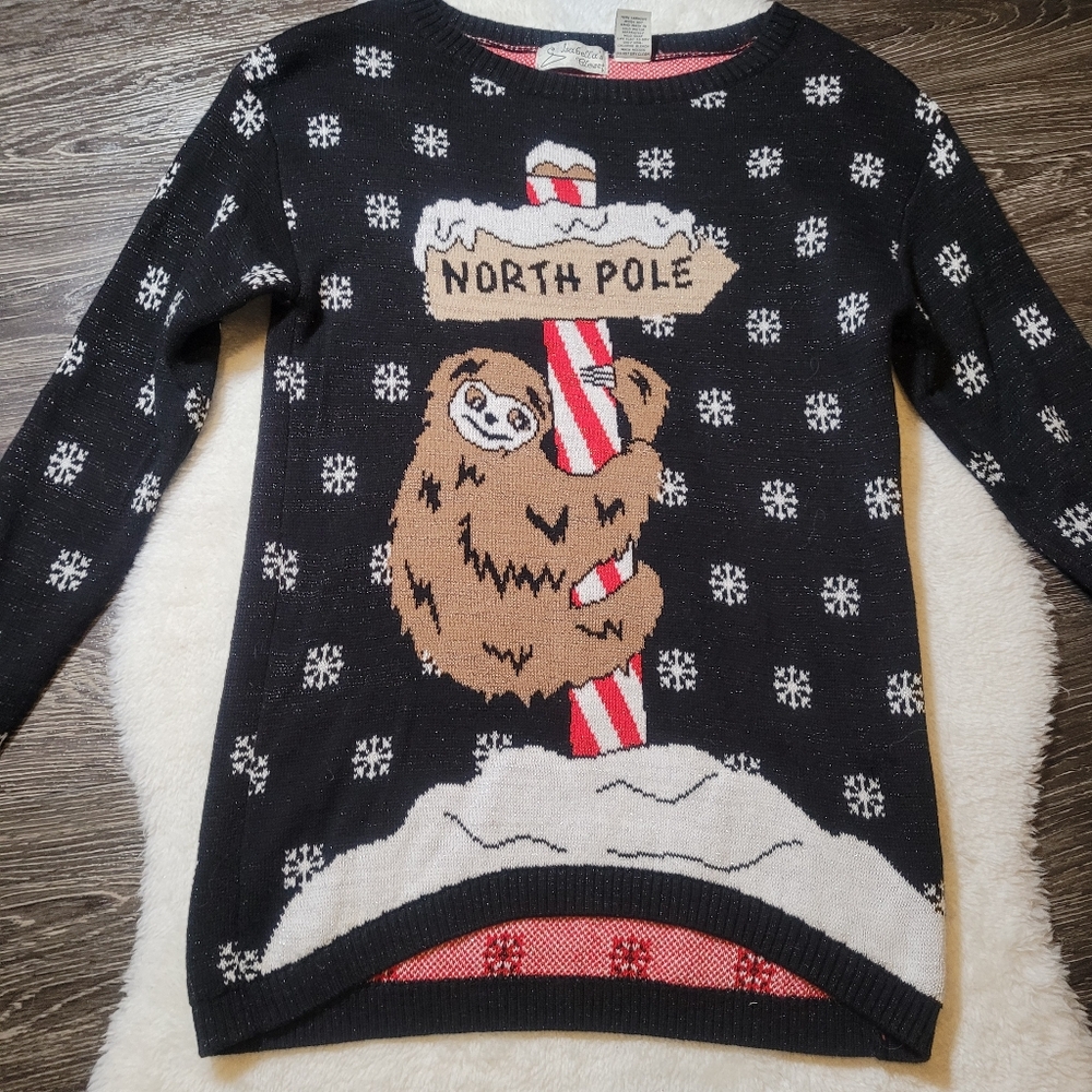 Isabella's Closet North Pole Sloth Christmas Cotton Sweater Black Sparkle Sz S
